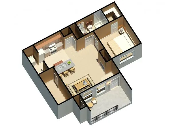 Chic 3D floor plan showcasing a modern apartment with one bedroom, inviting kitchen, cozy living area, and a balcony for relaxing.