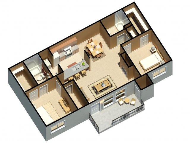 Modern 3D floor plan featuring three spacious bedrooms, a centrally located kitchen, and an inviting open-concept living and dining area with a cozy balcony.