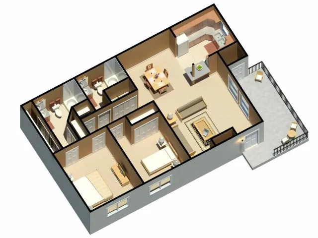 Modern 3D floor plan showcasing three bedrooms, two bathrooms, an open-concept kitchen, dining and living area, plus a spacious outdoor balcony.