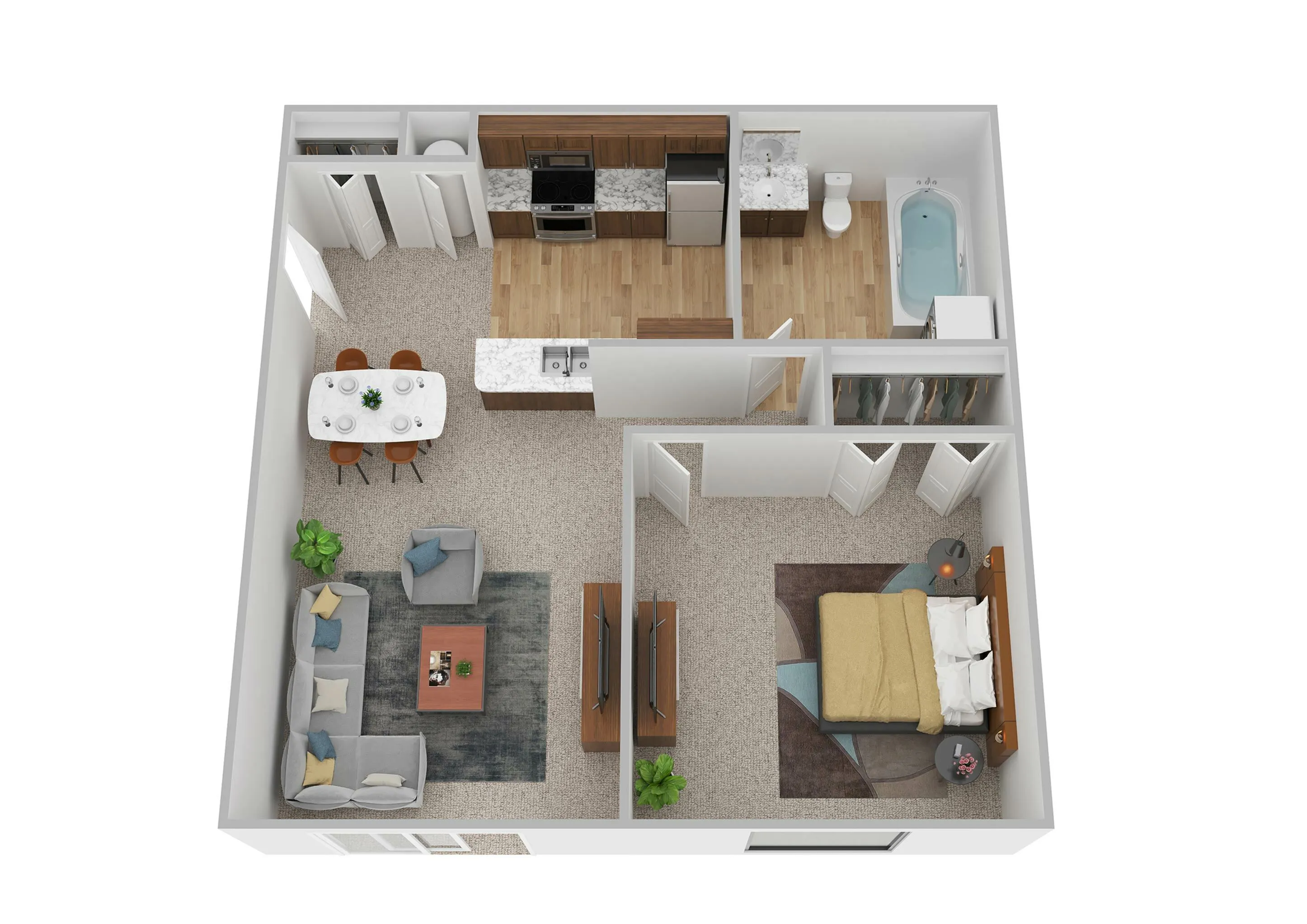 Charming 3D floor plan showcasing a modern apartment with a cozy one-bedroom, stylish kitchen, elegant living area, and chic dining space.