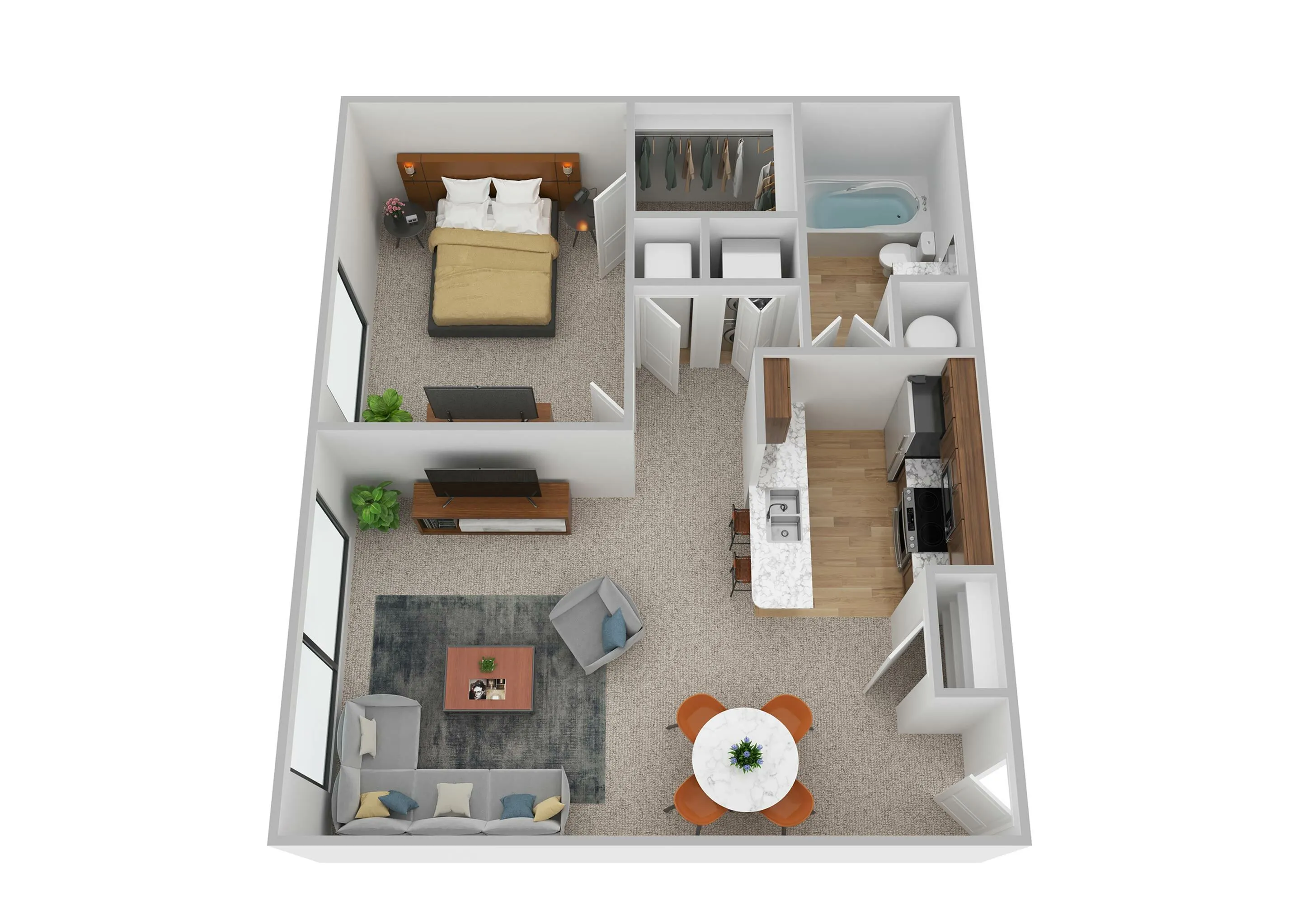 Charming 3D floor plan of a cozy apartment featuring a spacious bedroom, modern bathroom, stylish open kitchen, elegant dining area, and inviting living room with large windows.
