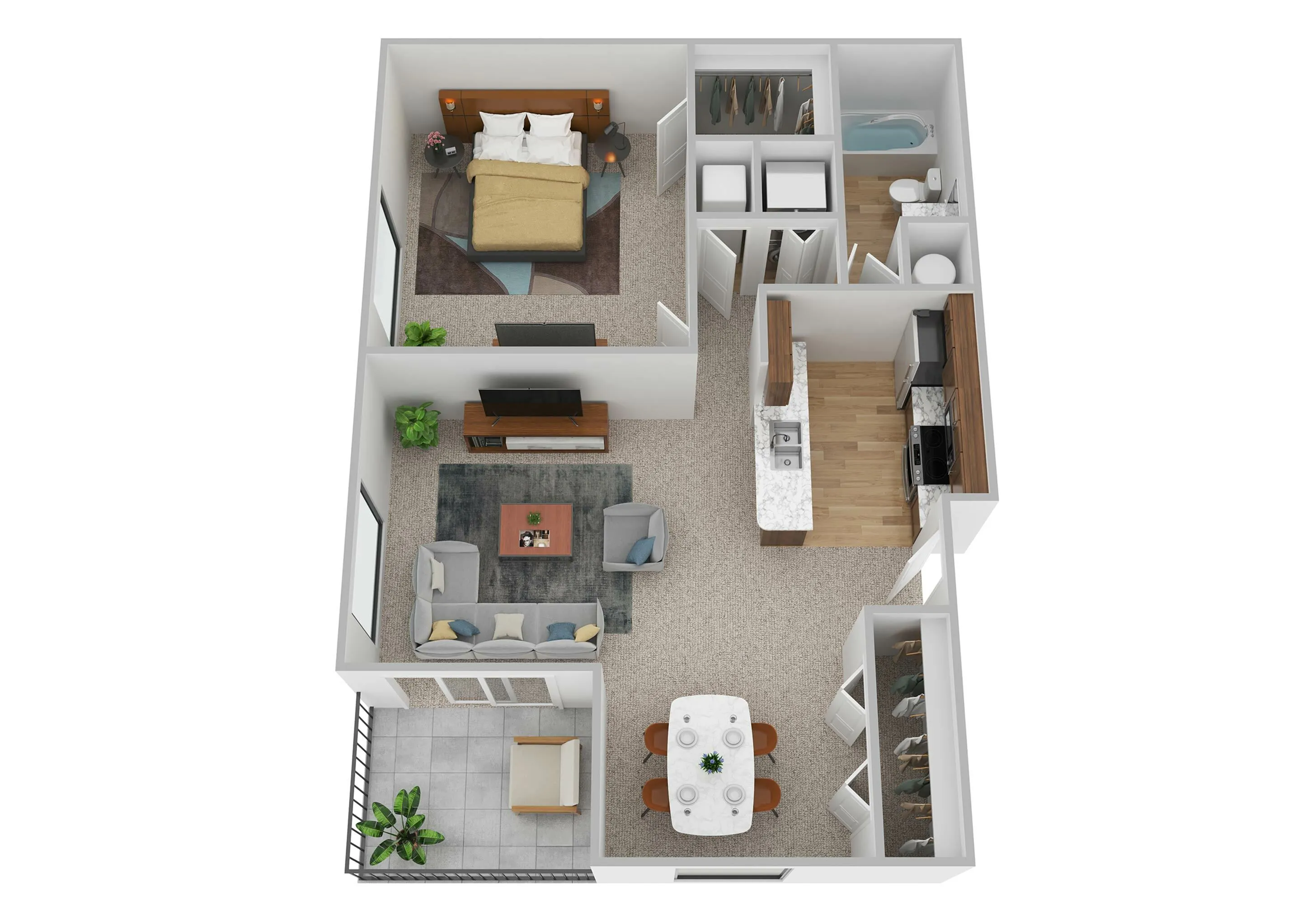 Modern apartment floor plan showcasing a spacious layout with one bedroom, a cozy living room, and a sleek kitchen, complete with a dining area and balcony.