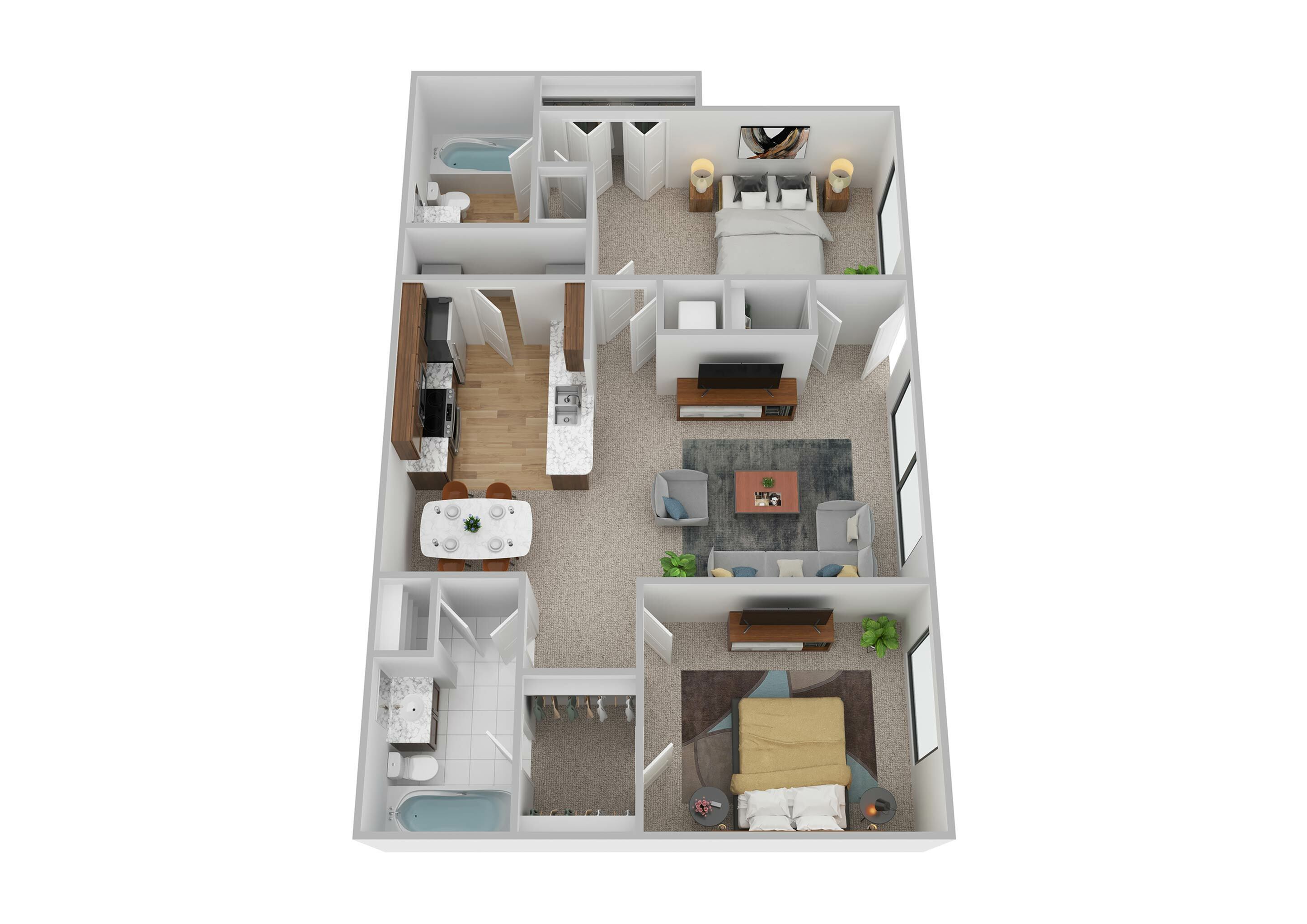 Bright 3D apartment floor plan showcasing two bedrooms, spacious living room, elegant dining area, and modern kitchen with sleek finishes.