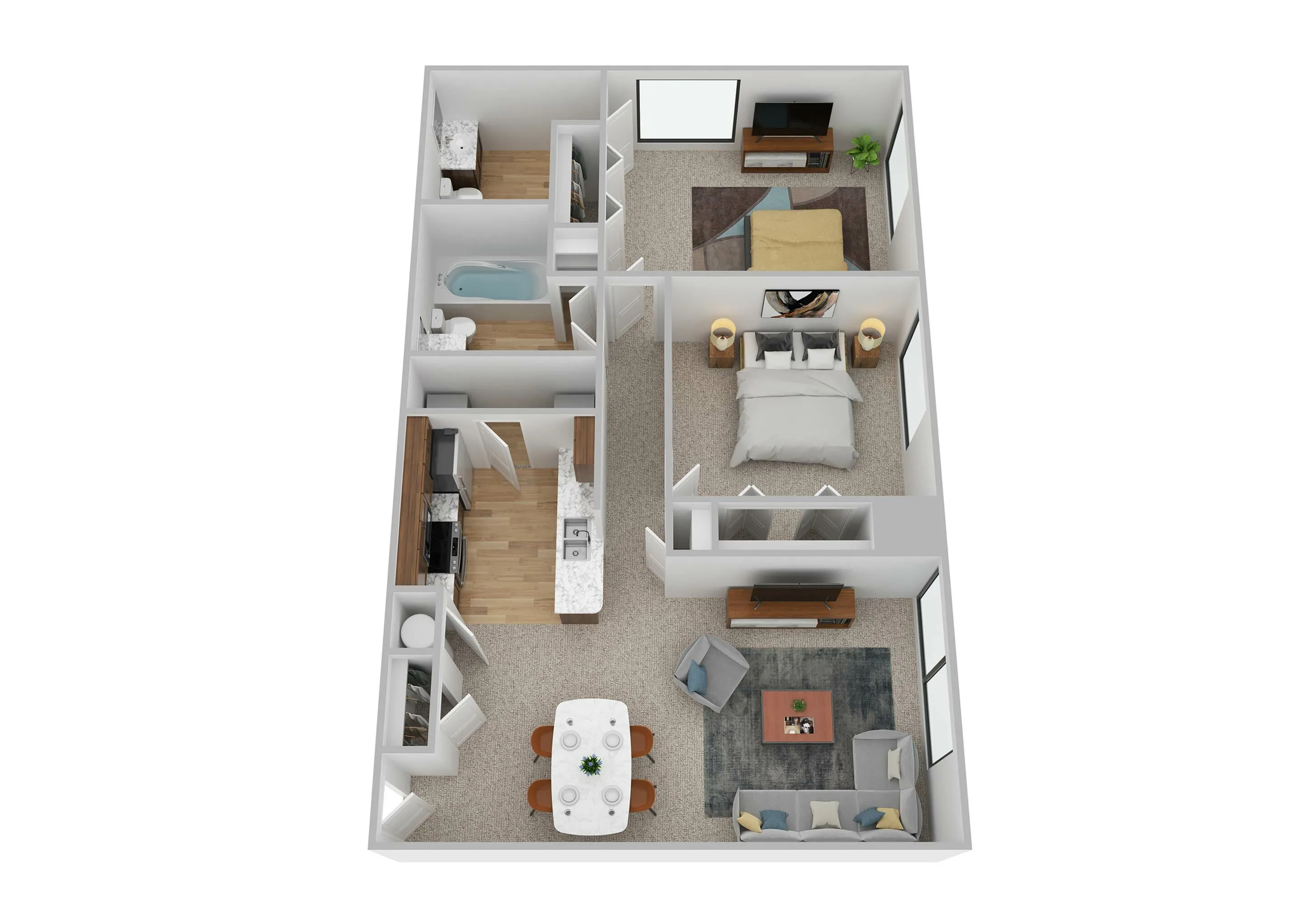 Modern 3D floor plan showcasing a two-bedroom apartment with a cozy living room, elegant dining area, and sleek kitchen.