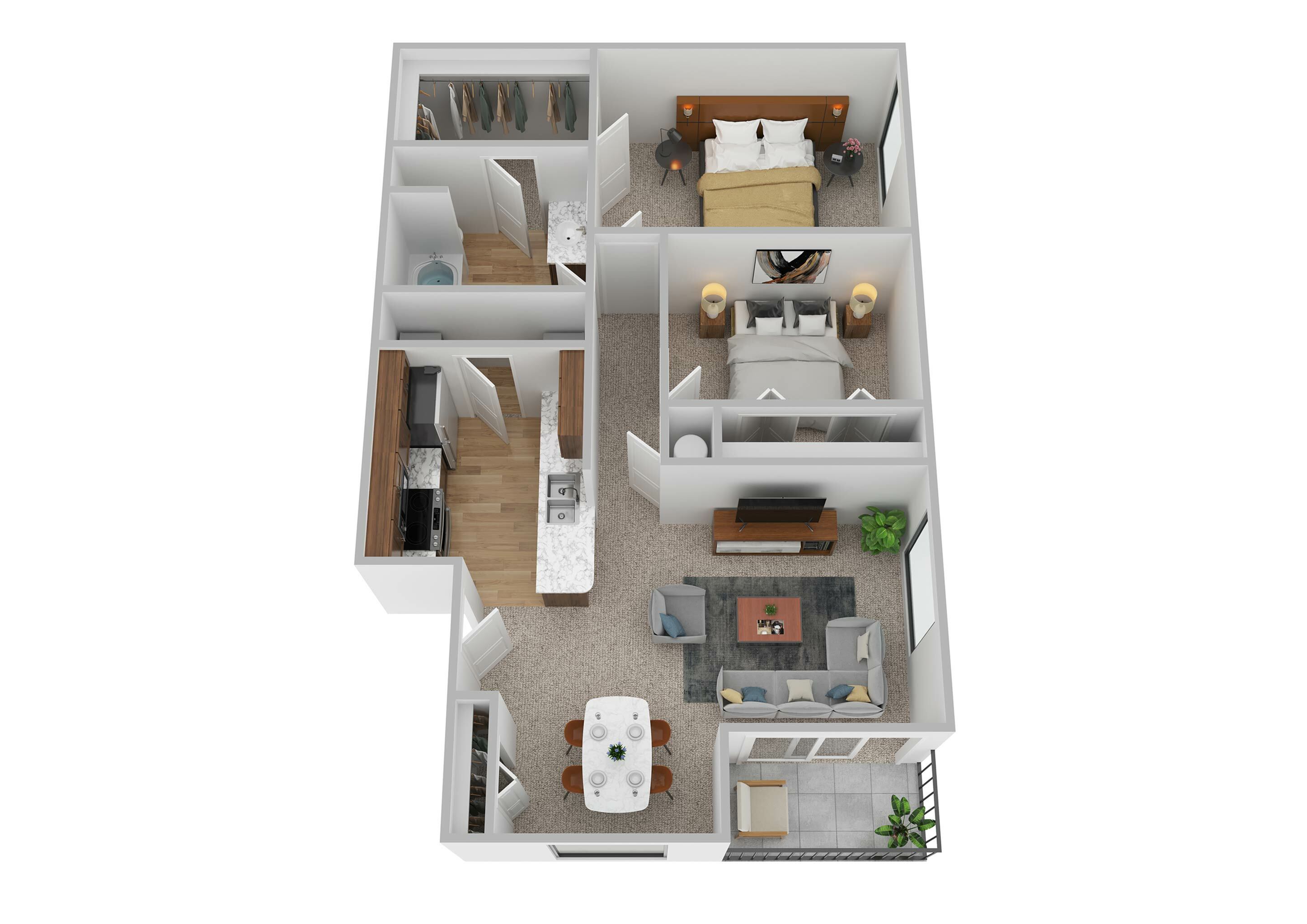 Modern 3D floor plan showcasing 2 bedrooms, an inviting living room, and a sleek kitchen with island, complete with a cozy dining area and private balcony.