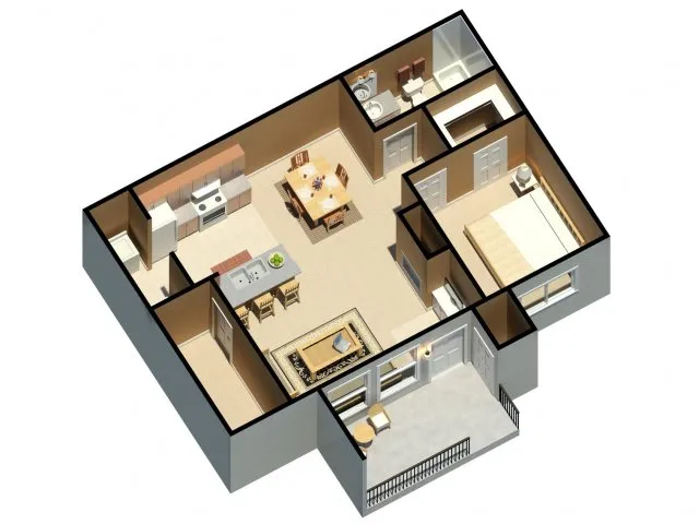 Modern 3D floor plan showcasing a spacious open-concept layout with a bedroom, living area, kitchen, and balcony, ideal for stylish urban living.