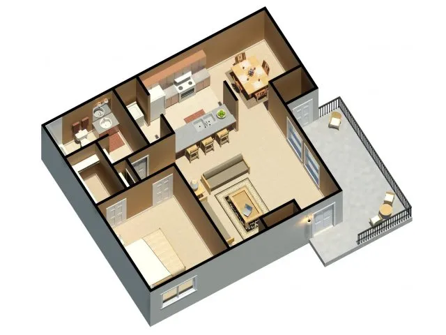 Modern 3D floor plan showcasing a spacious apartment with 2 bedrooms, an elegant open-concept kitchen and living area, and a cozy outdoor patio.