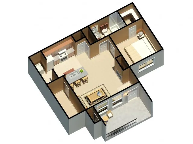 Modern 3D apartment layout showcasing stylish open-concept living room, elegant kitchen with island, cozy bedroom, and spacious balcony.