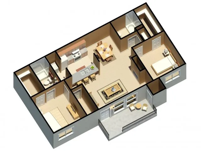 Modern 3D floor plan showcasing 3 bedrooms, an elegant open kitchen with bar seating, and a cozy living area adjacent to a balcony.