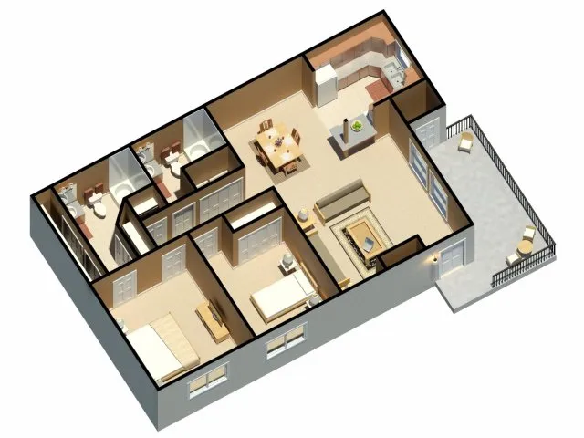 Modern 3D floor plan with 3 bedrooms, stylish living room, elegant kitchen, and a spacious balcony for outdoor relaxation.