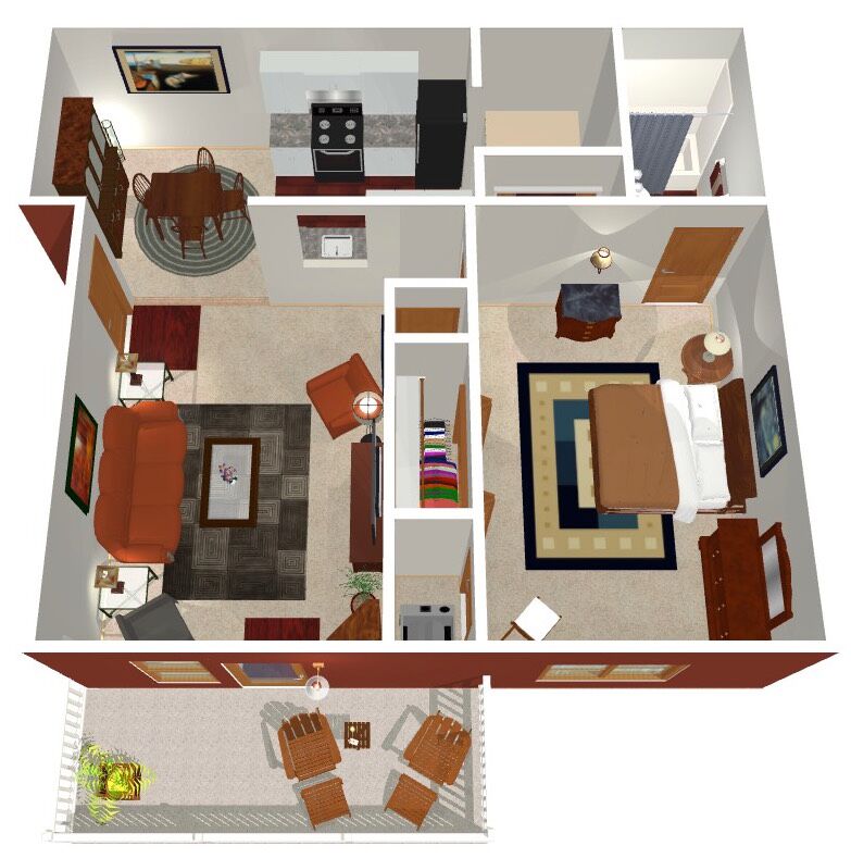 Inviting 3D floor plan showcasing a cozy living area with an adjoining dining space, a modern kitchen, and a spacious bedroom with ensuite bathroom. Includes a charming balcony.