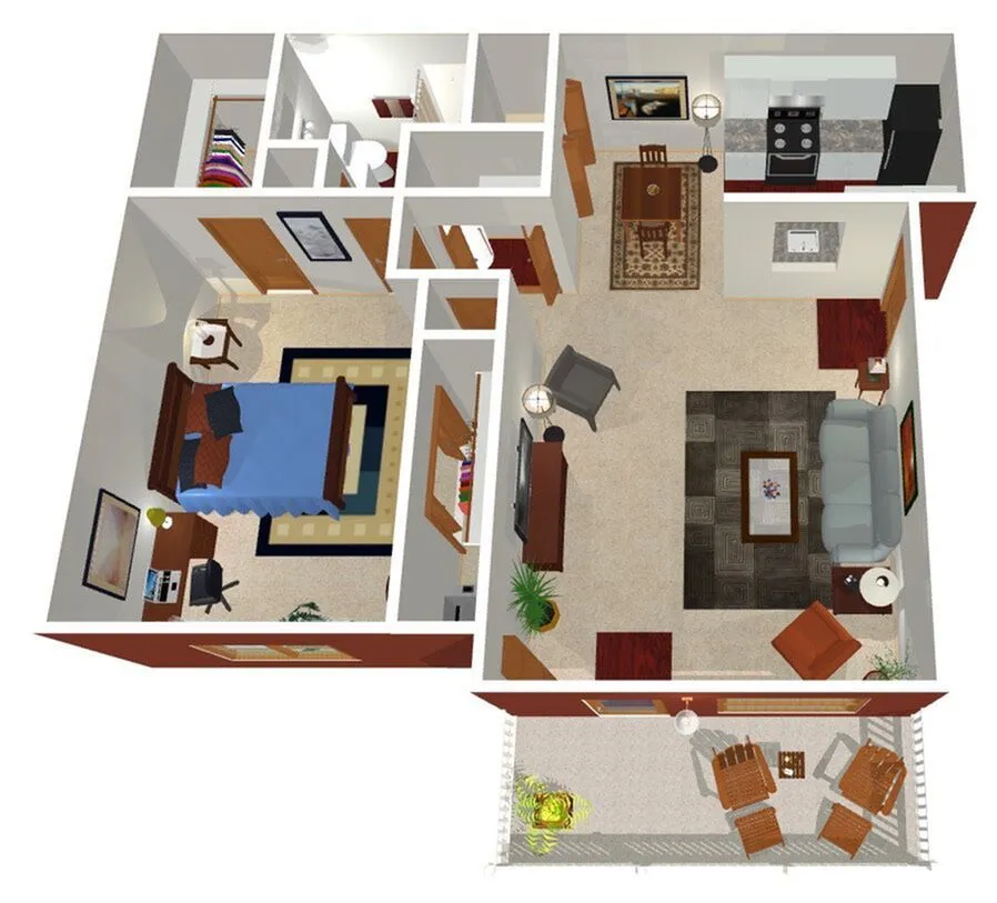 Chic apartment floor plan with a cozy bedroom, modern kitchen, inviting living area, and spacious balcony for relaxation.