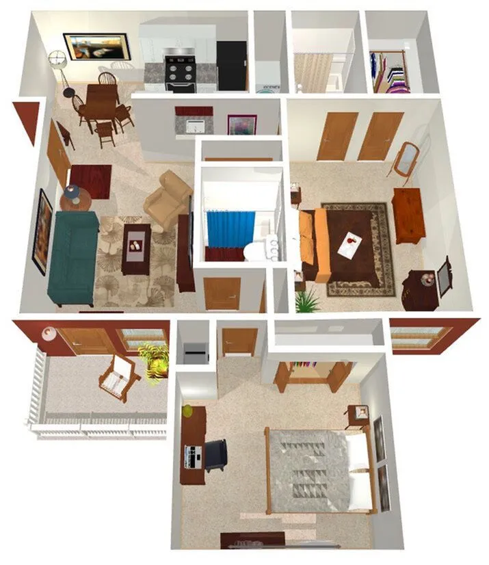 Charming 2D apartment floor plan showcasing two cozy bedrooms, elegant living area, and a modern kitchen with dining space.
