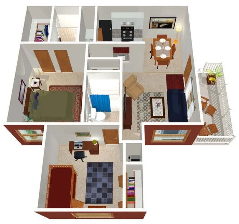 Charming 3D apartment layout featuring two cozy bedrooms, an inviting living room, a modern kitchen, and a dining area with natural light pouring in. Includes a private balcony for relaxation.