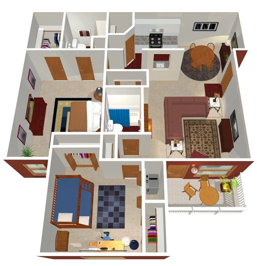 Modern 3D floor plan showcasing 2 cozy bedrooms, inviting living room, fully equipped kitchen, and charming dining area.