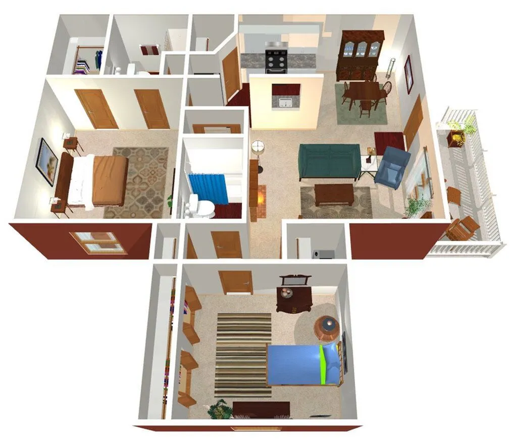 Bright and inviting 3D floor plan showcasing a spacious apartment with two bedrooms, a well-designed living area, modern kitchen, dining space, and charming balcony.
