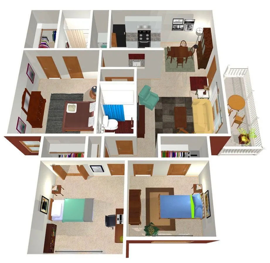 Contemporary 3D floor plan with 3 bedrooms, cozy living room, sleek kitchen, dining area, and a charming balcony.