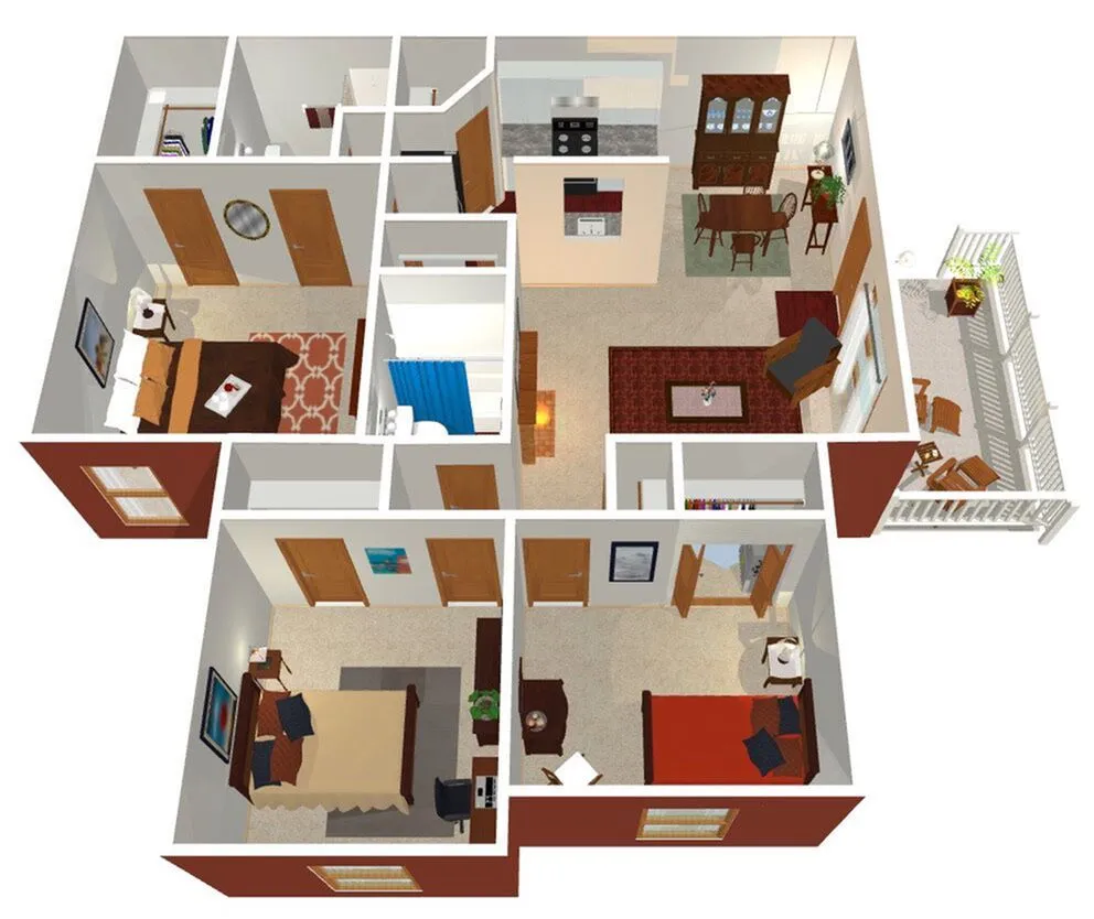 Inviting 3D floor plan showcasing 3 bedrooms, cozy living room, spacious kitchen with dining area, and a charming balcony.
