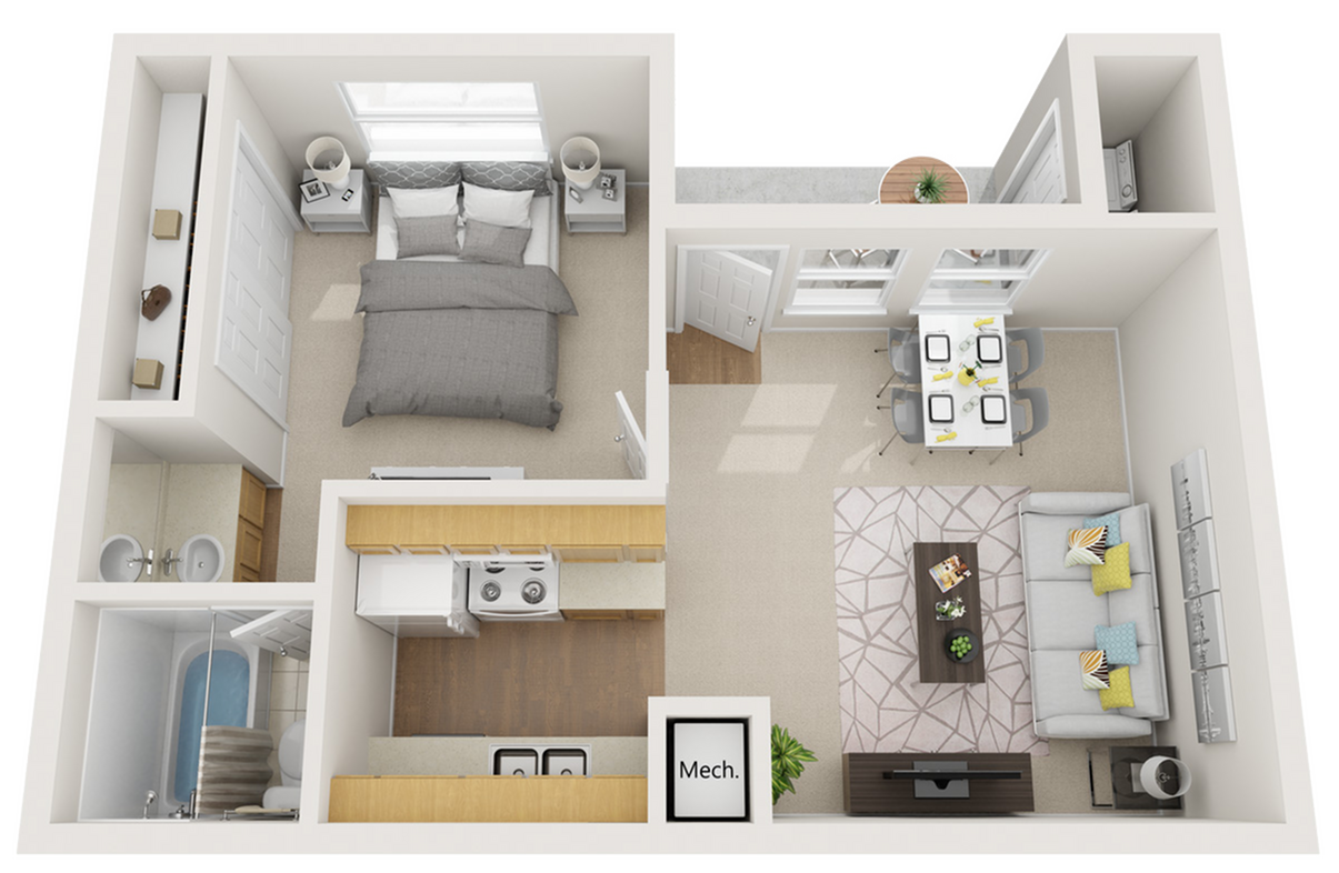 Modern 3D floor plan showcasing a cozy one-bedroom apartment with a stylish living room, compact kitchen, and sleek bathroom.