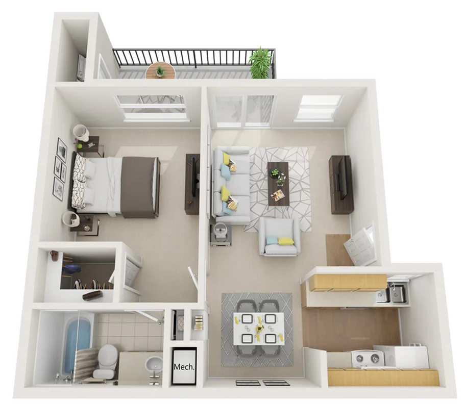 Modern 3D floor plan showcasing a cozy 1-bedroom apartment with an inviting living room, stylish kitchen, elegant dining area, and a private balcony.
