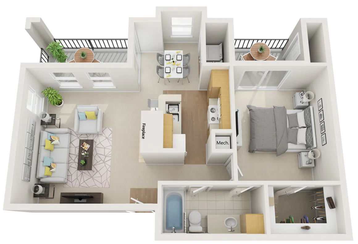Charming open-concept floor plan showcasing 1 bedroom, bright living room with fireplace, modern kitchen, and spacious balcony.