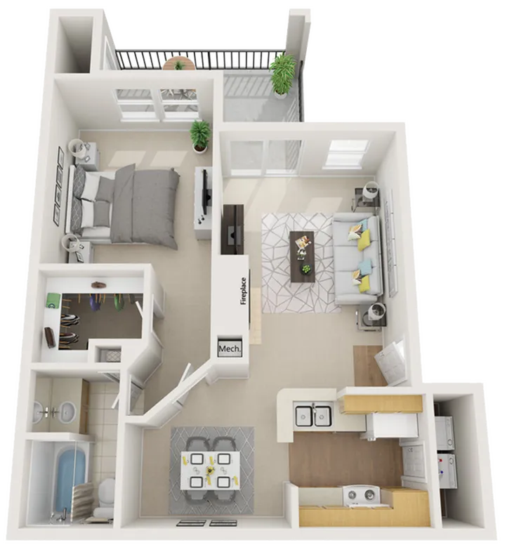 Modern 3D floor plan showcasing a cozy one-bedroom apartment with open living space, stylish kitchen, and private balcony retreat.