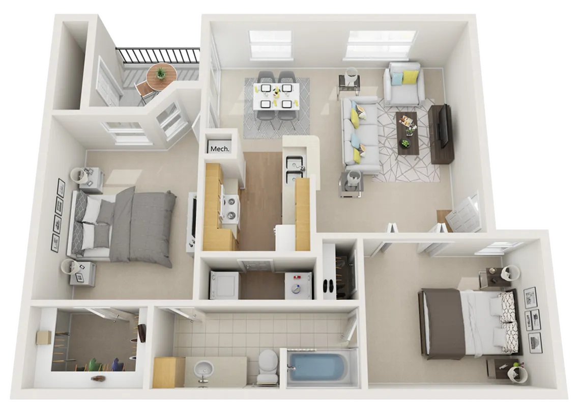Contemporary 2D apartment floor plan featuring two bedrooms, a cozy living room, a dining area, and a modern kitchen with a balcony.