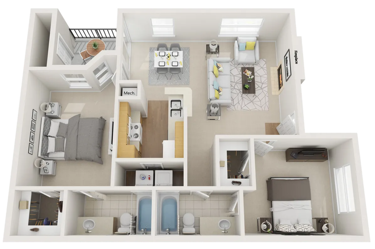 Modern 3D floor plan showcasing two bedrooms, spacious living area with fireplace, and a cozy dining space, featuring a private balcony and well-equipped kitchen.