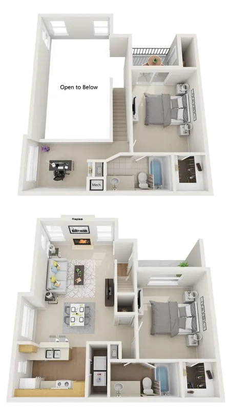 Chic two-level floor plan featuring two bedrooms, a modern kitchen, cozy living area with fireplace, and a home office space.