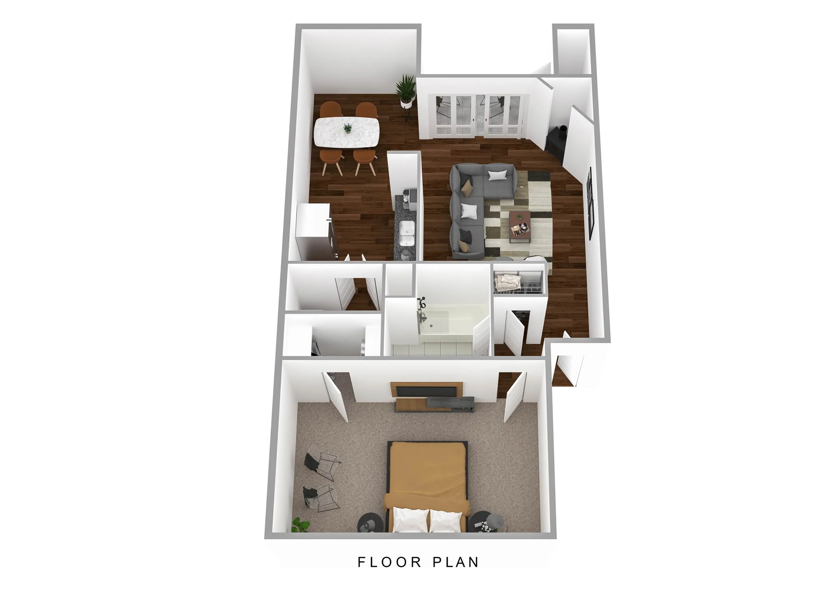 Chic 3D floor plan showcasing a cozy one-bedroom layout with an inviting living room, modern kitchen, and elegant dining area.