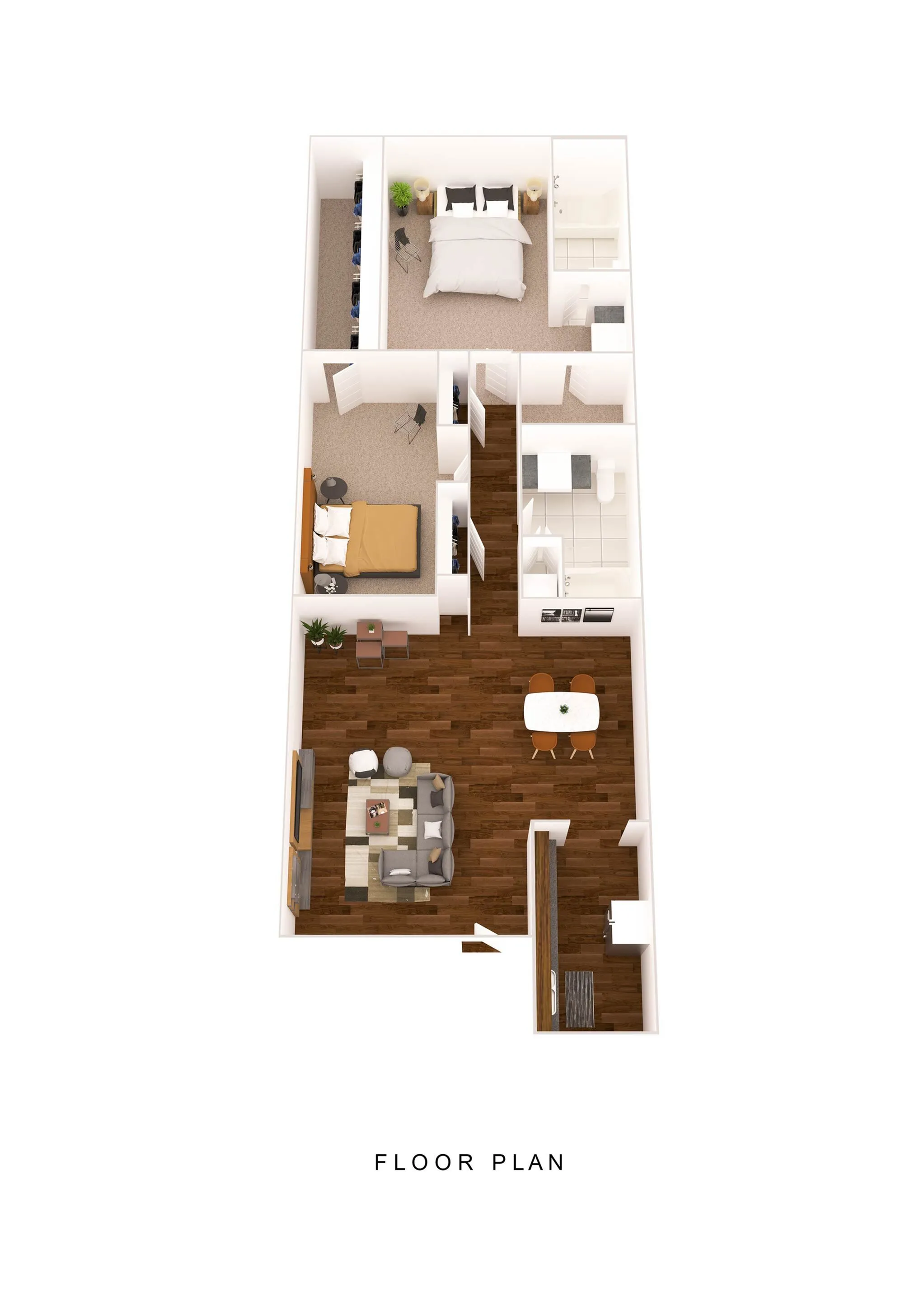 Chic apartment floor plan displaying 2 cozy bedrooms, a modern open-concept living and dining area, and a compact kitchen.