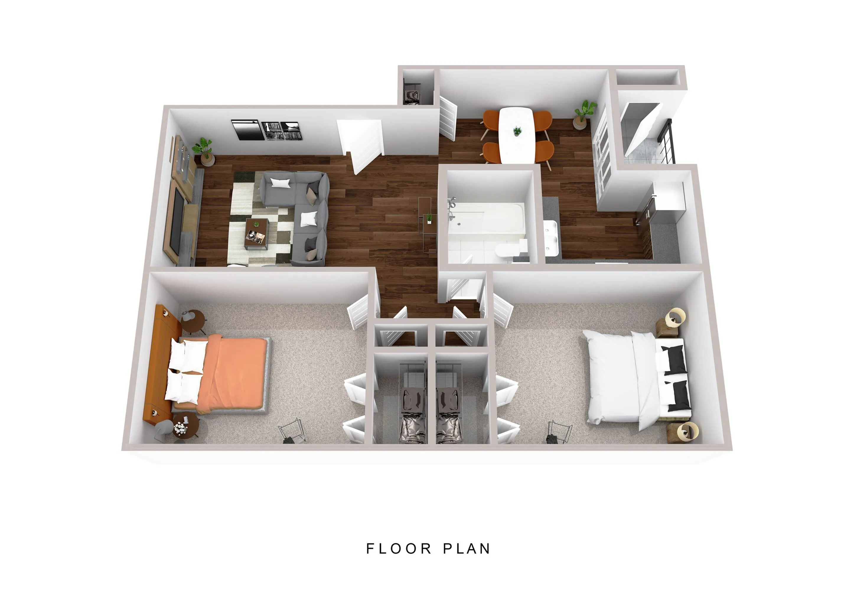 Contemporary 3D floor plan showcasing stylish two-bedroom layout, a cozy living area, modern dining space, and a chic bathroom.