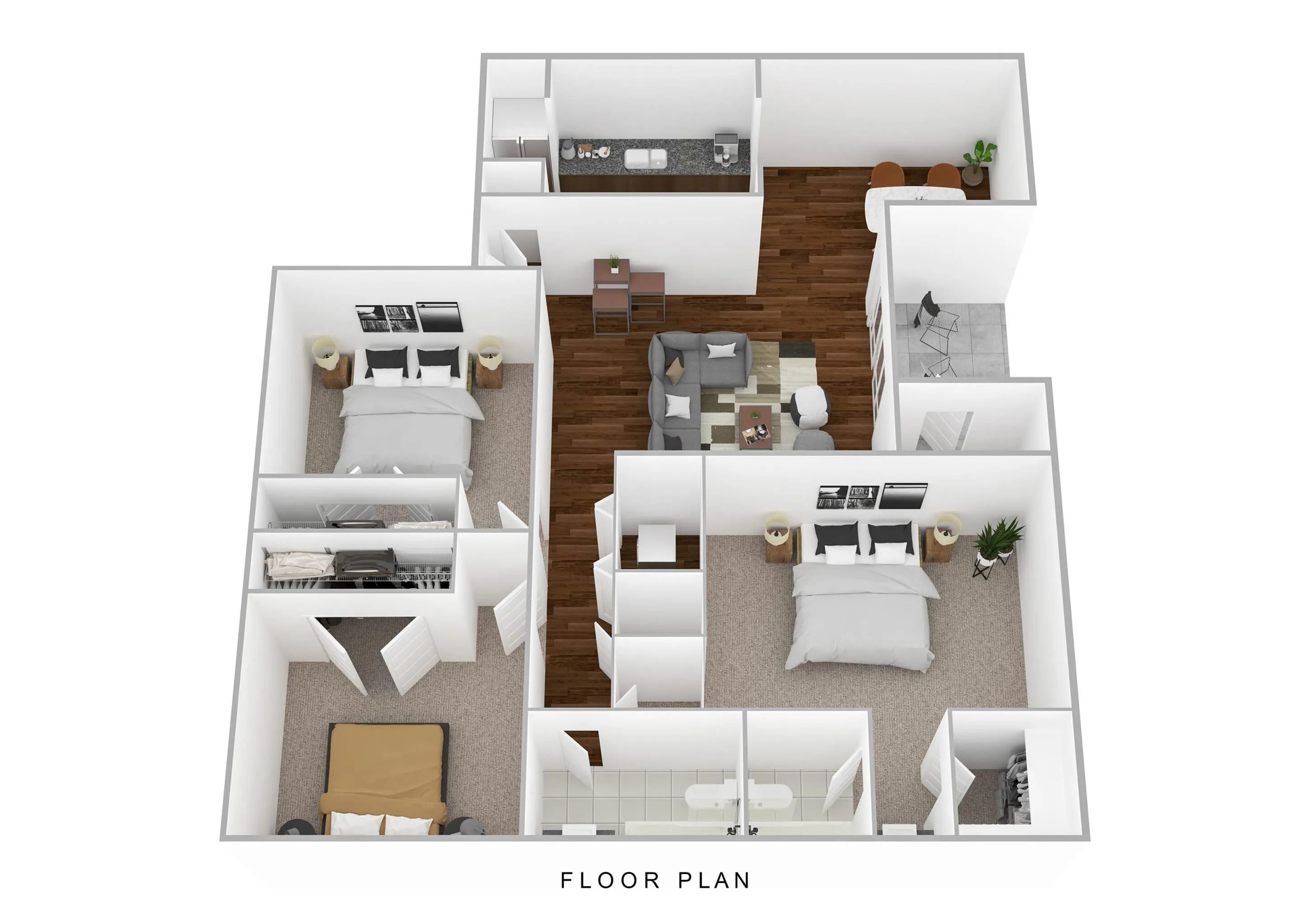 Modern 3D floor plan showcasing 2 spacious bedrooms, cozy living room, elegant kitchen, and stylish dining area.