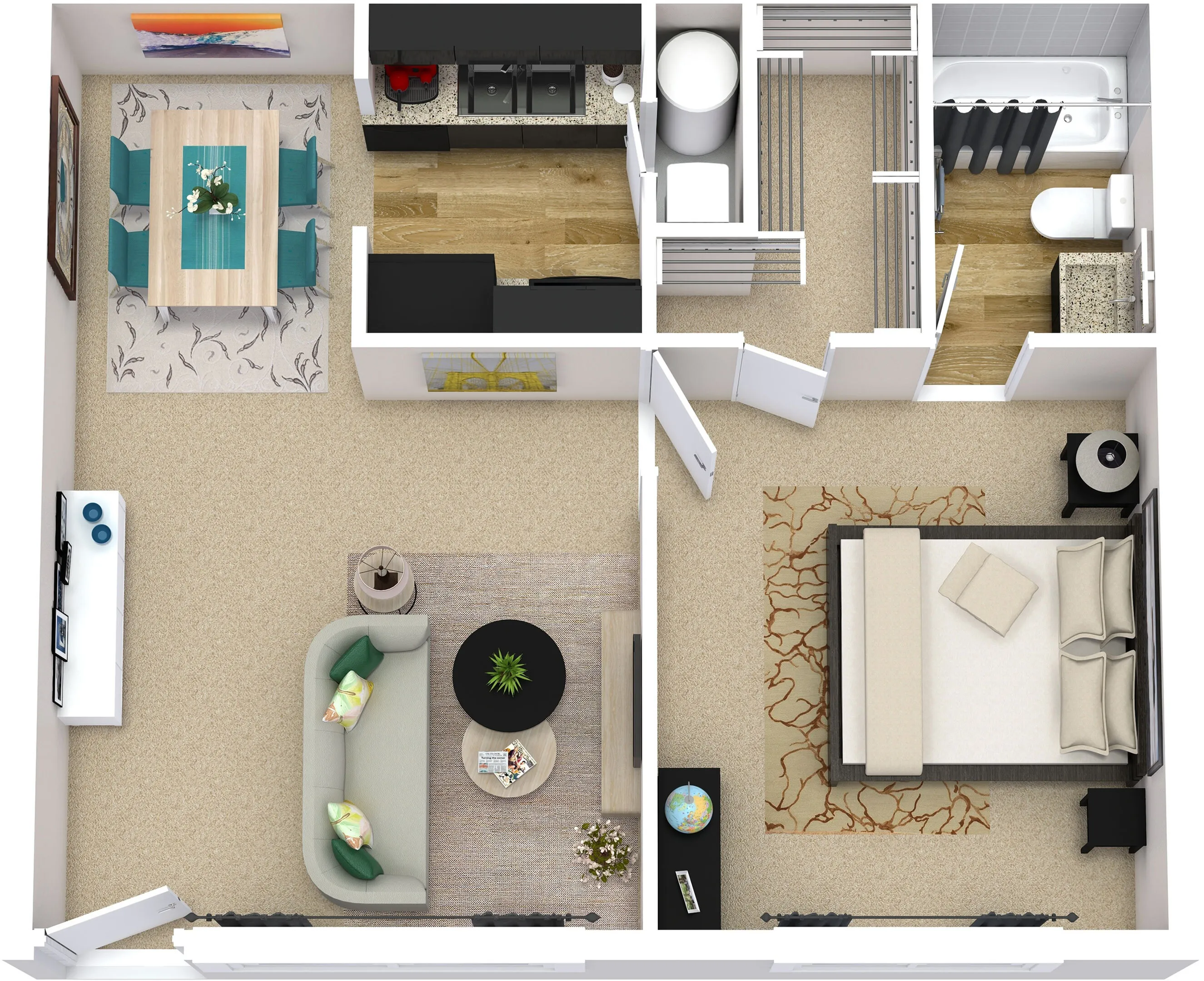 Contemporary apartment floor plan featuring one bedroom, open-concept living and dining area, modern kitchen, and stylish bathroom.