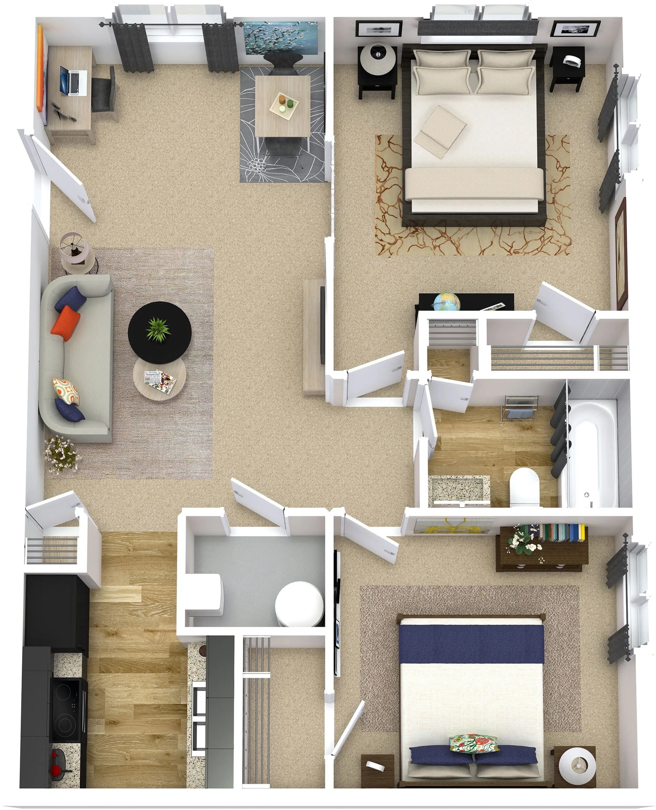 Modern 3D floor plan showcasing two cozy bedrooms, a spacious living area with stylish decor, and a contemporary kitchen.