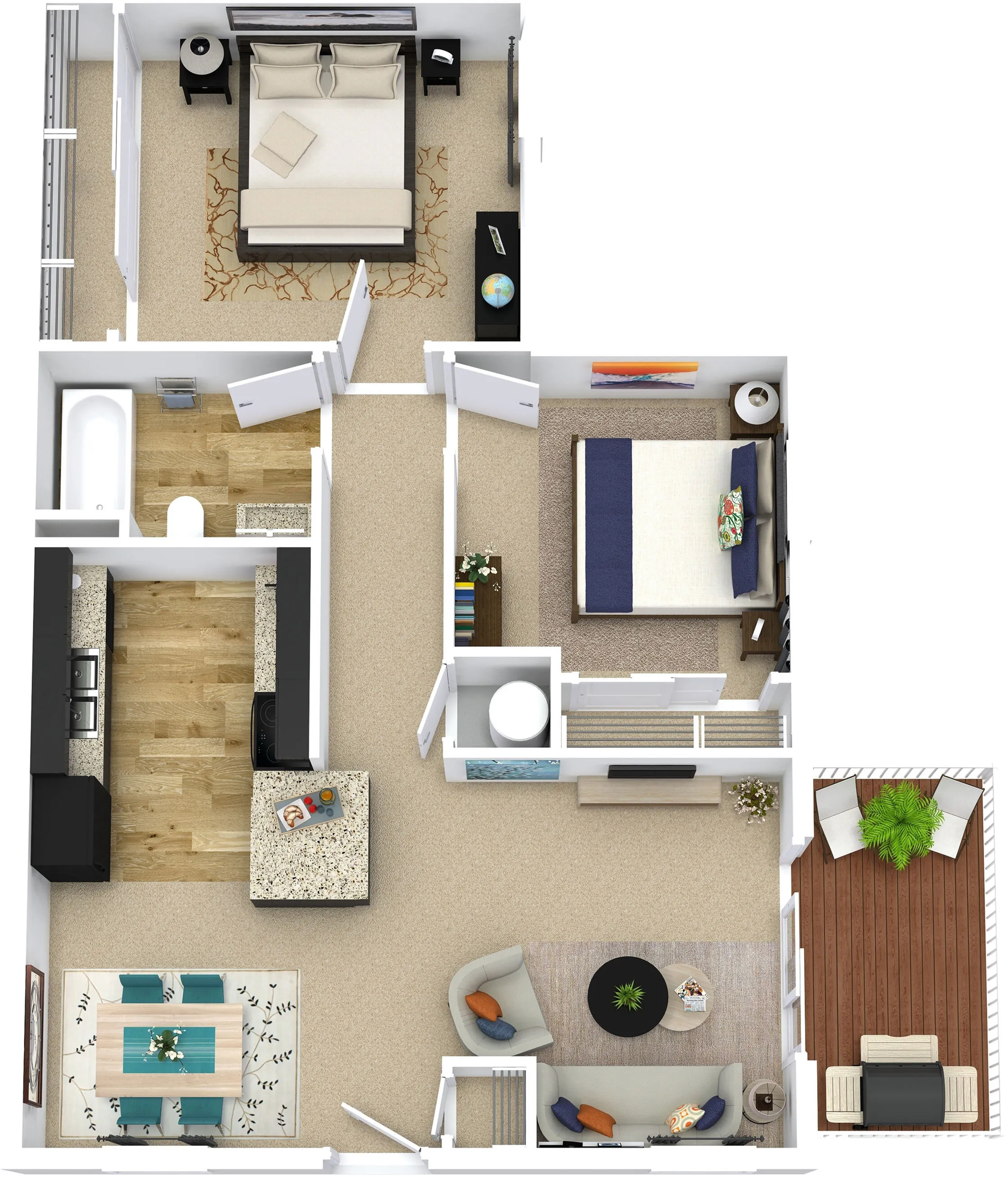 Charming 3D floor plan showcasing a modern two-bedroom apartment with a spacious living room, stylish kitchen, cozy dining area, and an inviting outdoor deck.