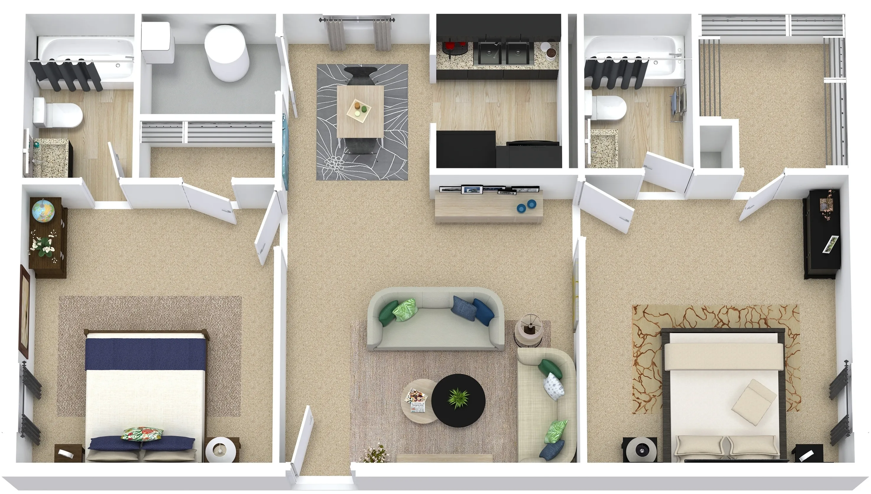 Inviting 3D floor plan showcasing a spacious two-bedroom, two-bathroom apartment with an elegant open-concept living and dining area, complemented by a modern kitchen.
