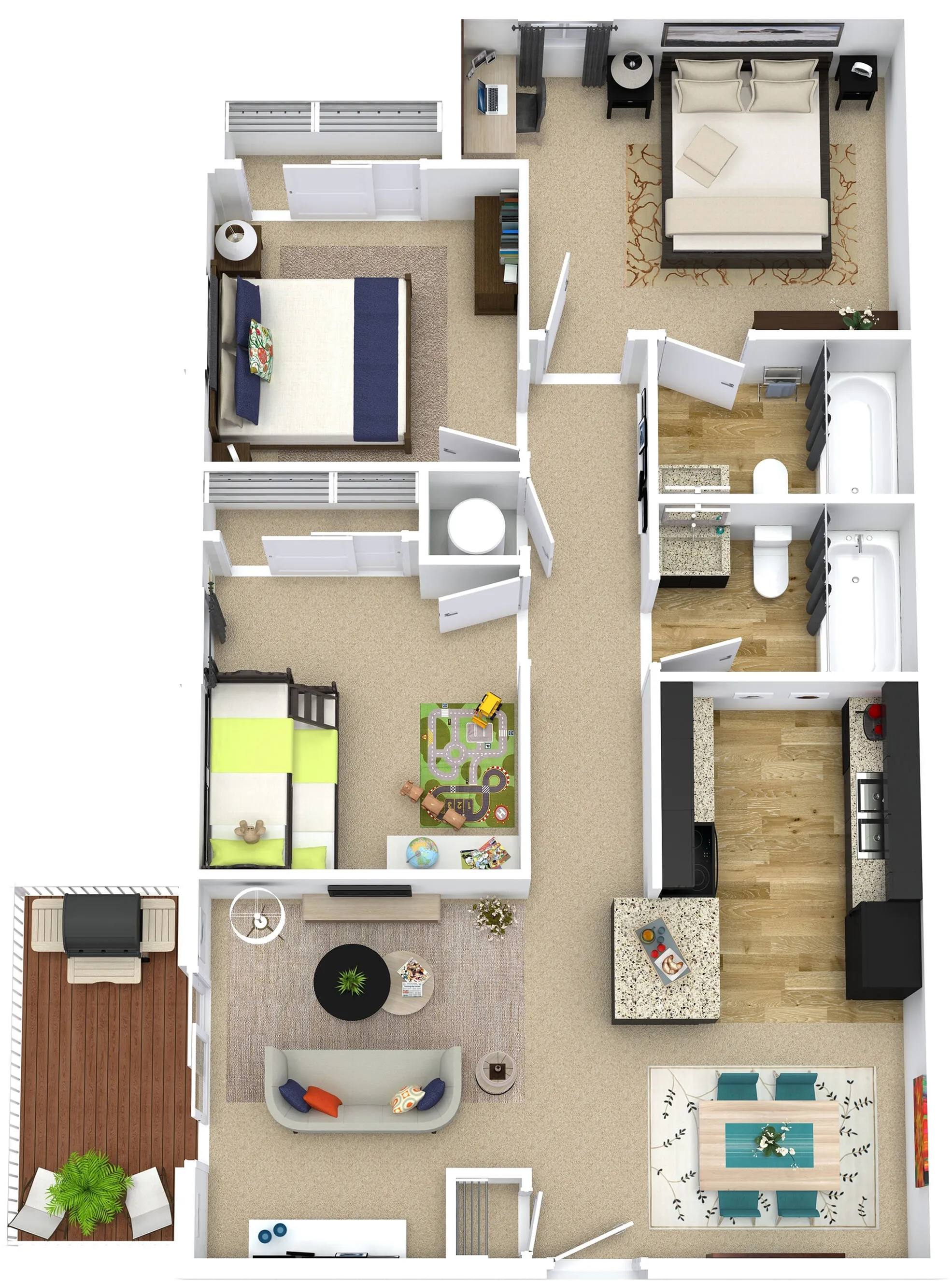 Elegant 3D floor plan showcasing 3 bedrooms, modern kitchen, stylish living room, and cozy balcony.