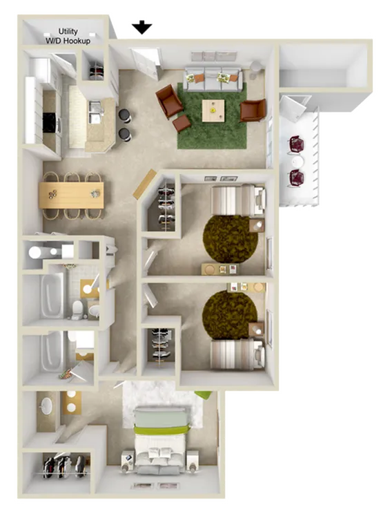 Sophisticated 3D floor plan showcasing a spacious apartment with three bedrooms, open living area, kitchen, and a balcony for modern comfort.