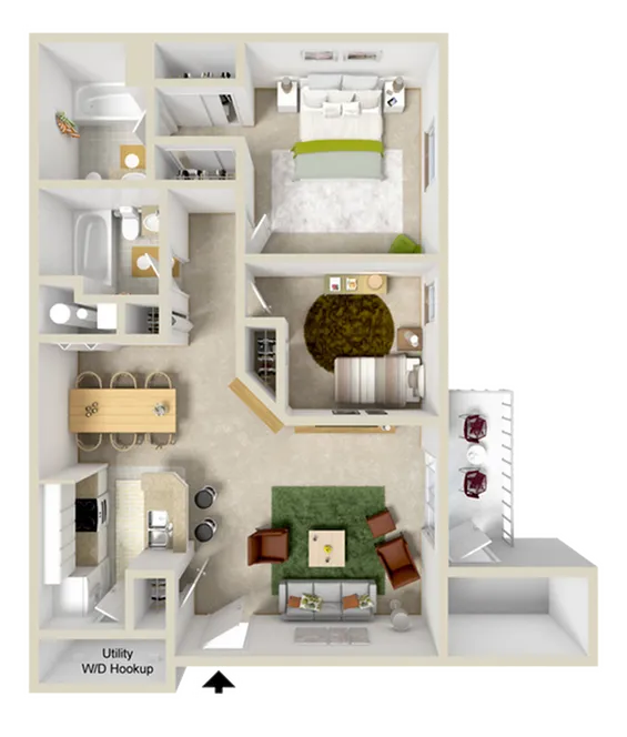 Inviting floor plan showcasing 2 bedrooms, cozy living area, modern kitchen with breakfast bar, and two bathrooms. Features a utility room with W/D hookup and an elegant balcony space for relaxation.