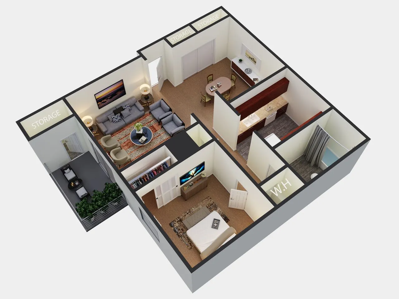 Modern 3D floor plan showcasing 1 bedroom, a cozy living area, sleek kitchen, and elegant dining space with a private balcony.