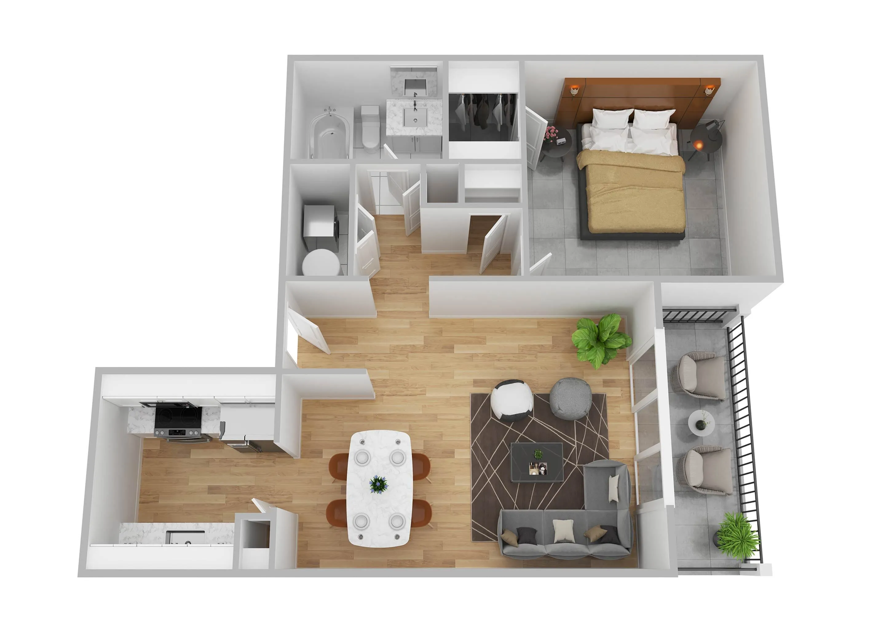 Modern floor plan featuring a spacious bedroom, sleek bathroom, and open-concept living area with kitchen and dining space. Includes stylish balcony access for outdoor relaxation.