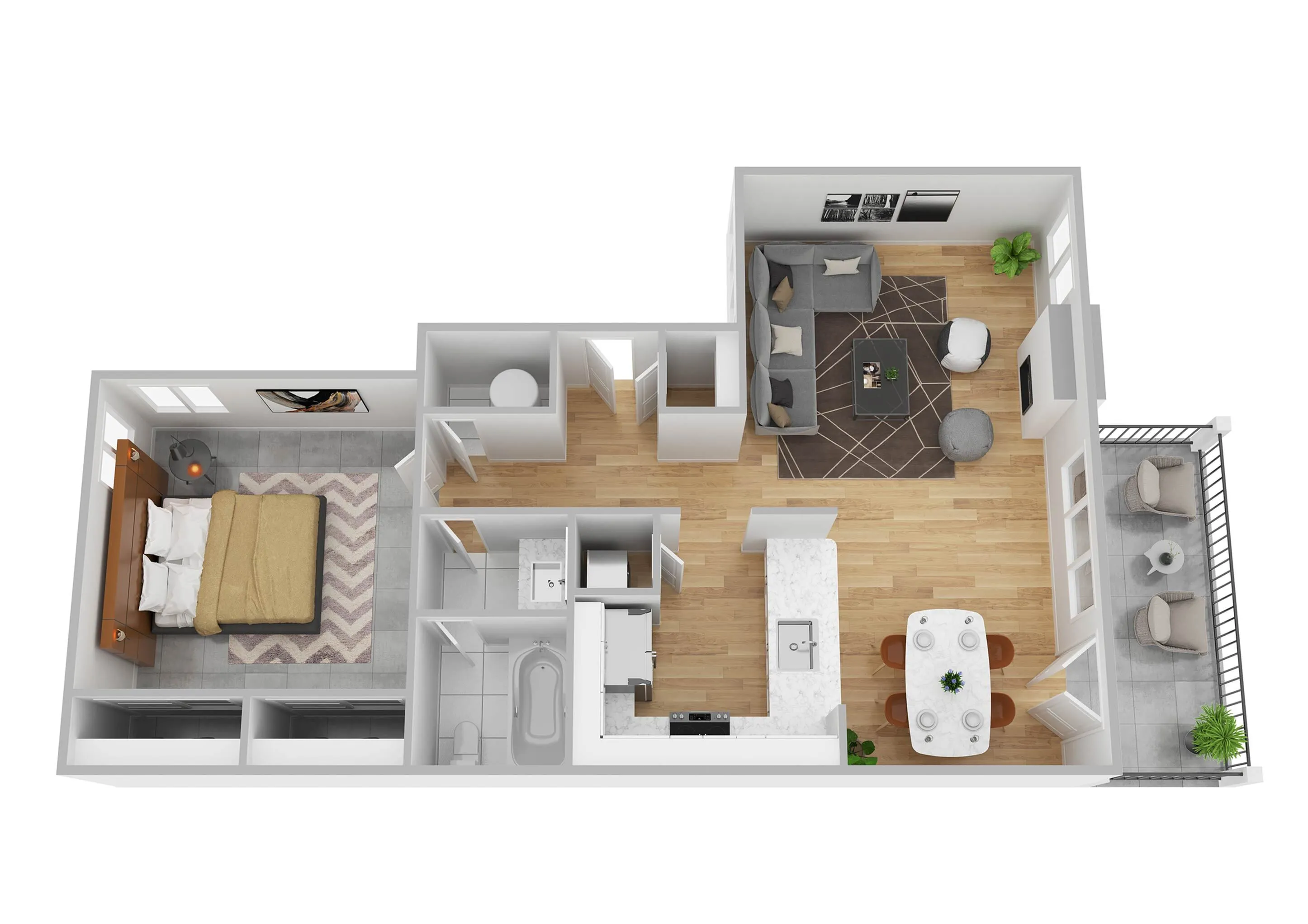 Modern 3D floor plan showcasing a cozy 1-bedroom apartment with an open living room, sleek kitchen, and inviting balcony.