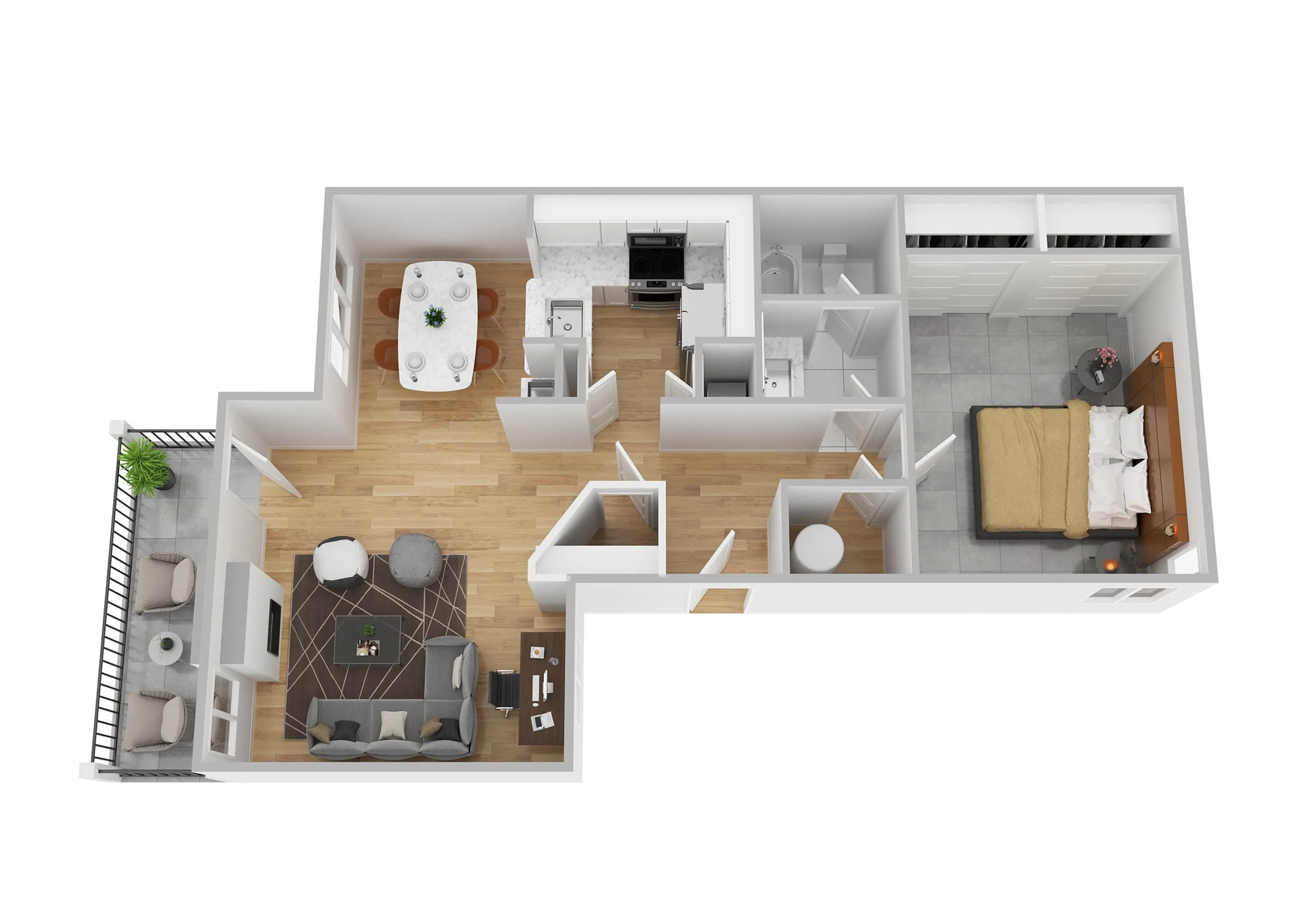 Modern 3D floor plan showcasing a cozy one-bedroom apartment with an open living area, stylish kitchen, and a private balcony perfect for relaxation.
