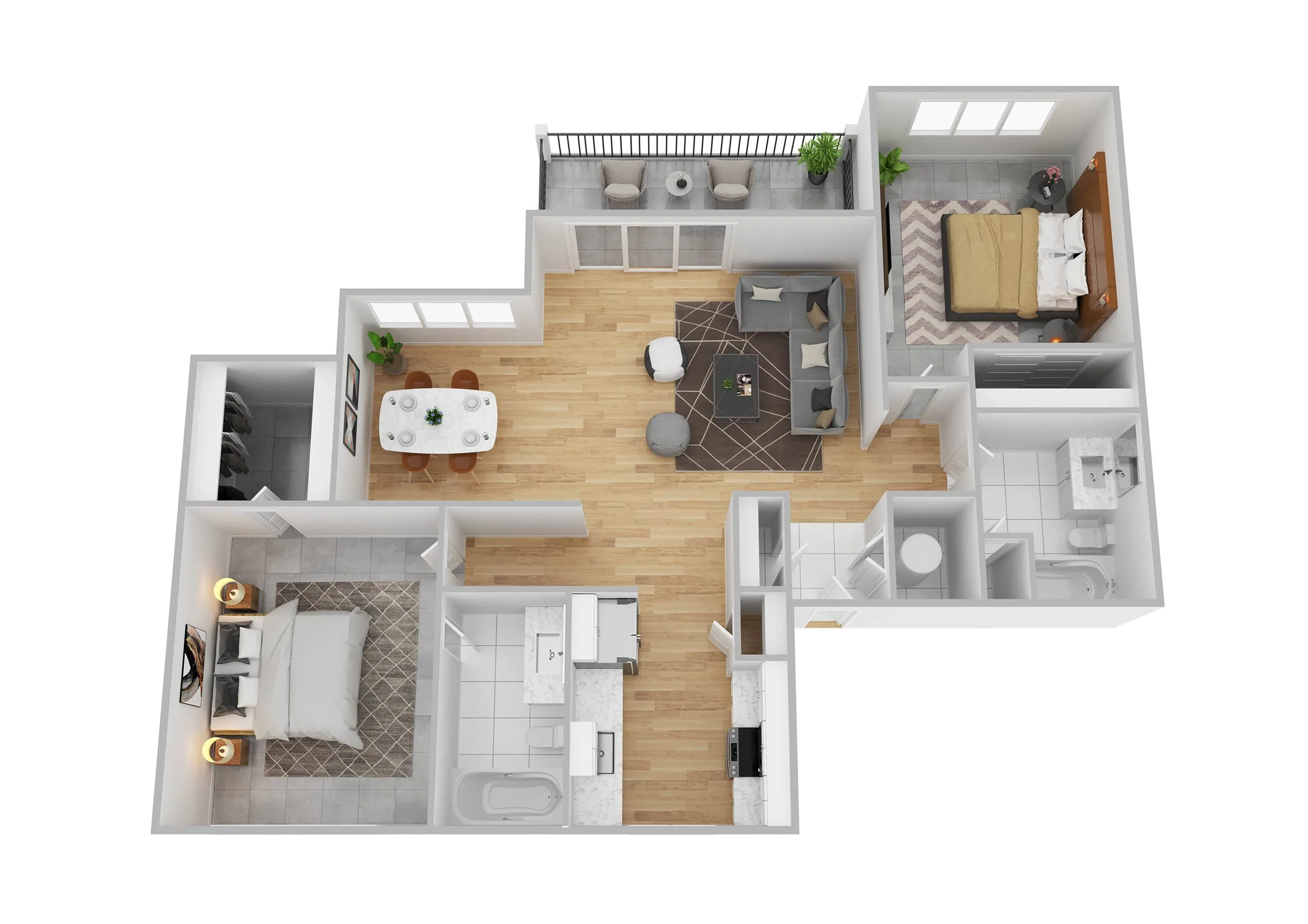 Modern 3D floor plan featuring 2 bedrooms, inviting living room, cozy dining area, sleek kitchen, and spacious balcony.