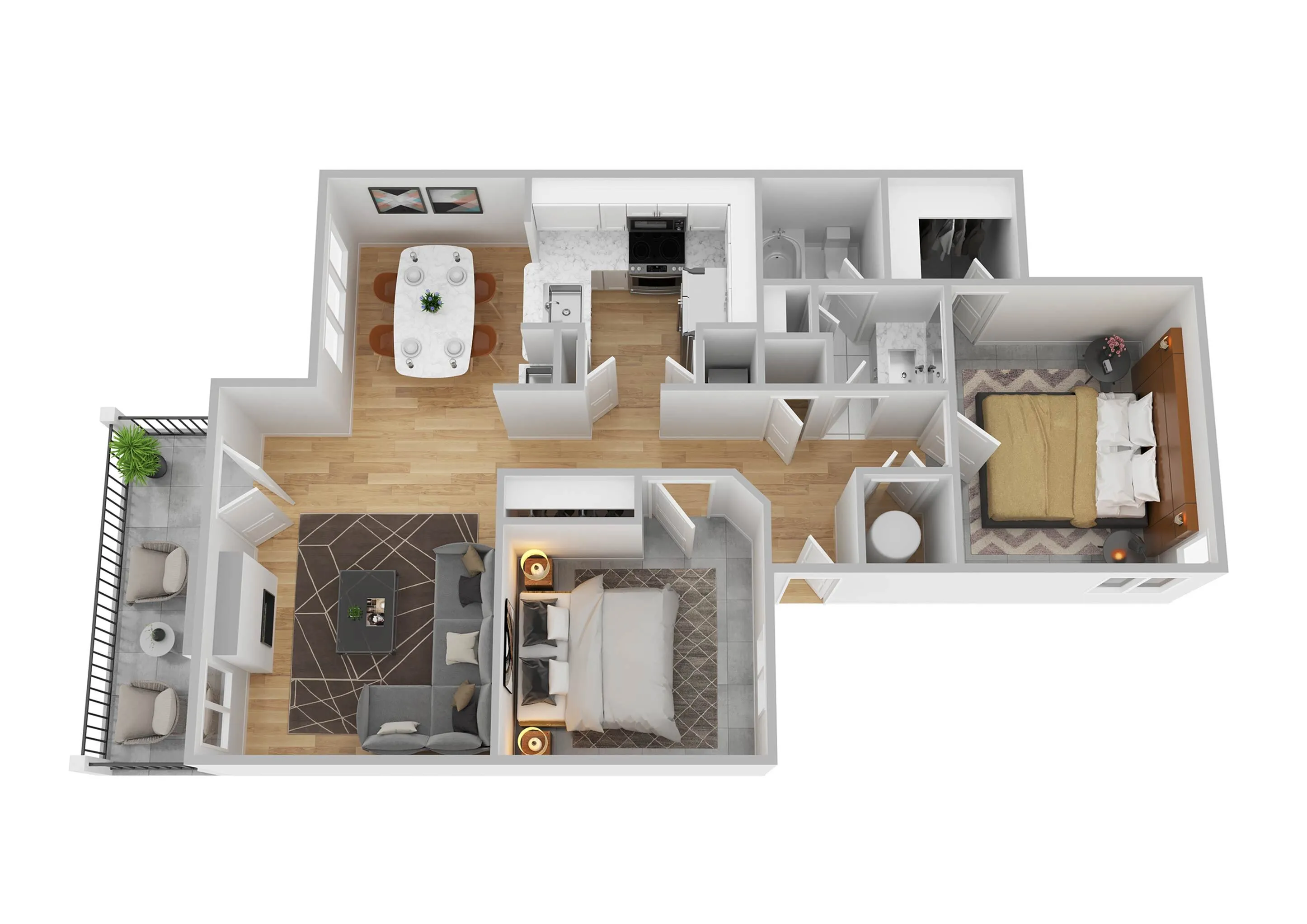 Modern 3D floor plan showcasing 2 cozy bedrooms, elegant living area with balcony, and a sleek kitchen with dining space.
