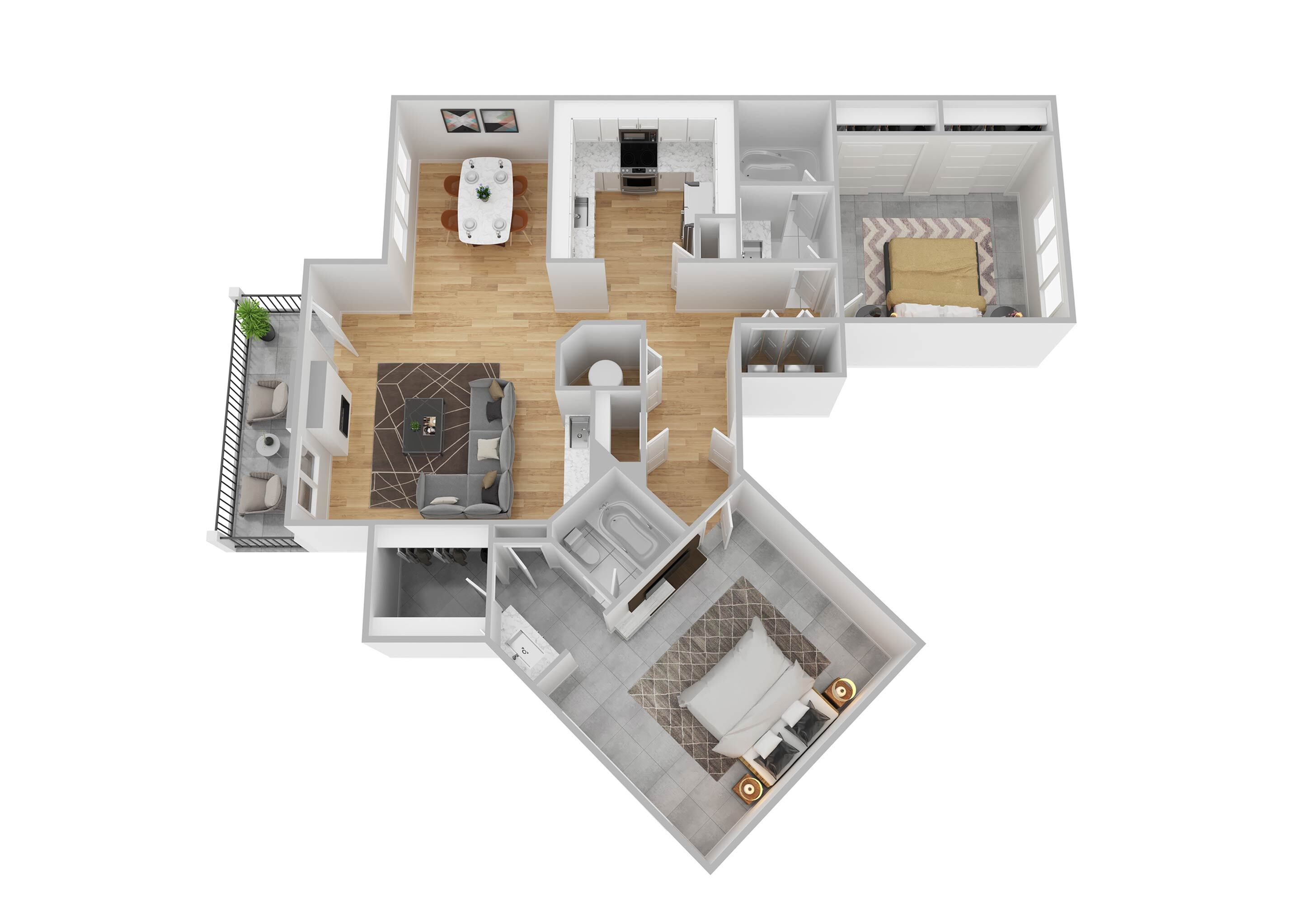 Modern 3D floor plan showcasing two bedrooms, open living and dining area, two bathrooms, and a cozy balcony. Contemporary design emphasizes spaciousness and natural light.
