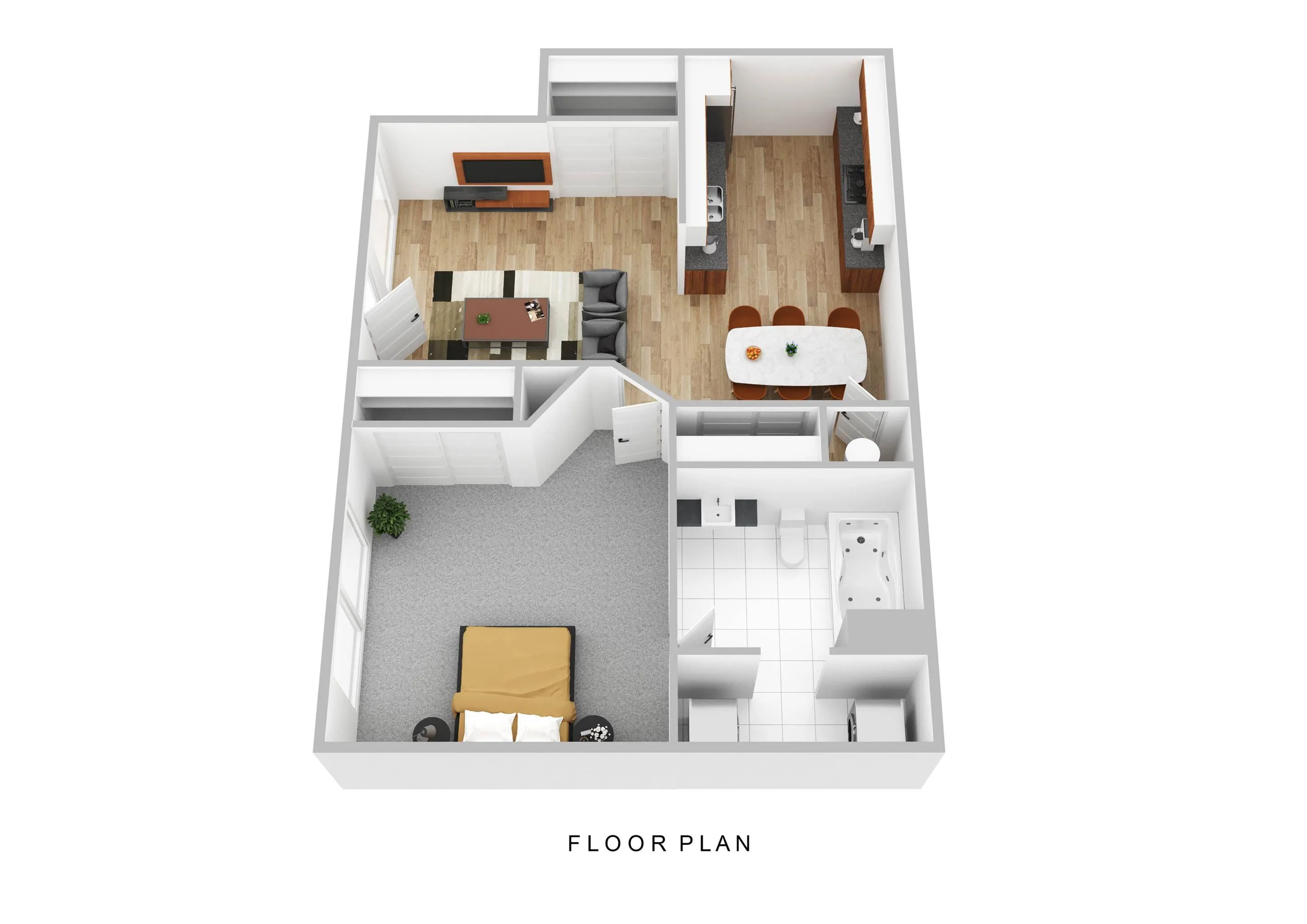 Chic floor plan showcasing a cozy 1-bedroom apartment with a modern living room, sleek kitchen with breakfast bar, and luxurious bathroom.