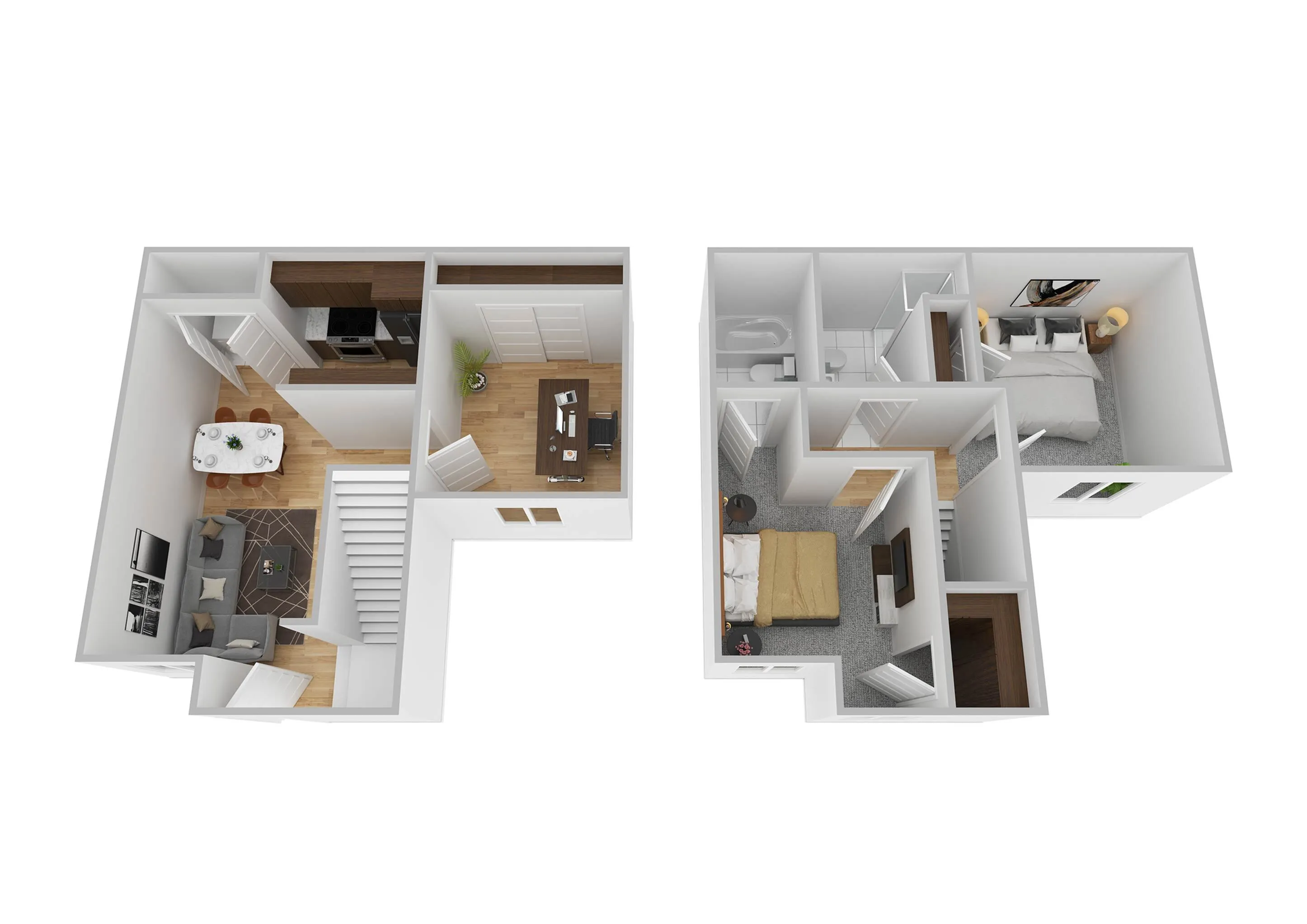 Modern 3D floor plan featuring an inviting open-concept living area, dining space, and kitchen on the first floor, with two cozy bedrooms and a bathroom on the second floor.