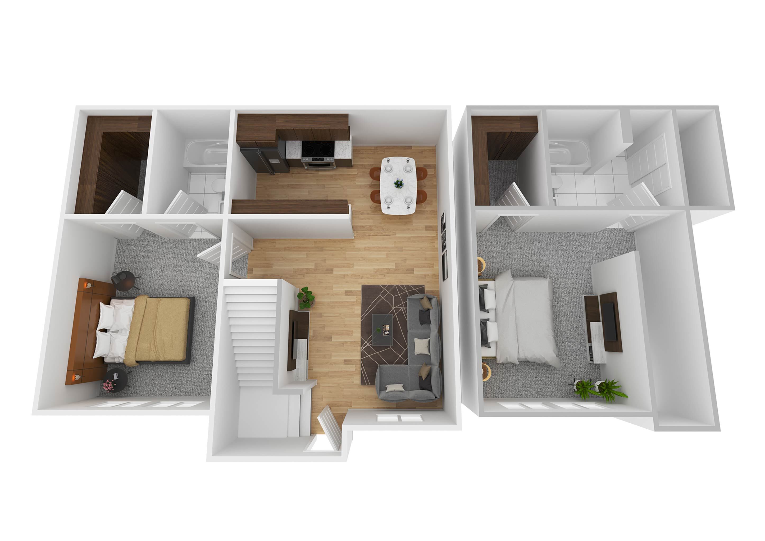 Modern 3D apartment floor plan featuring 2 bedrooms, open-concept kitchen and dining area, and cozy living room with stylish decor.